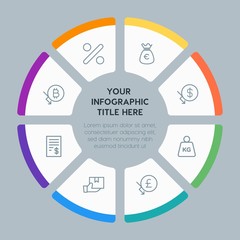 Circle chart business, money, shopping infographic template with 8 options for presentations, advertising, annual reports