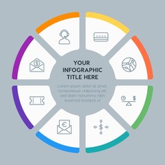 Circle chart business, money, shopping infographic template with 8 options for presentations, advertising, annual reports