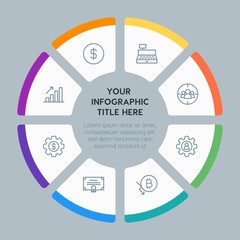 Circle chart business, money, shopping infographic template with 8 options for presentations, advertising, annual reports