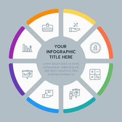 Circle chart business, money, shopping infographic template with 8 options for presentations, advertising, annual reports