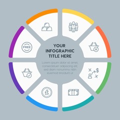 Circle chart business, money, shopping infographic template with 8 options for presentations, advertising, annual reports