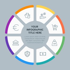 Circle chart business, money, shopping infographic template with 8 options for presentations, advertising, annual reports