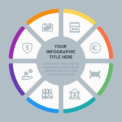 Circle chart business, money, shopping infographic template with 8 options for presentations, advertising, annual reports