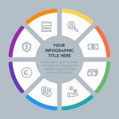 Circle chart business, money, shopping infographic template with 8 options for presentations, advertising, annual reports
