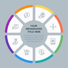 Circle chart business, money, shopping infographic template with 8 options for presentations, advertising, annual reports