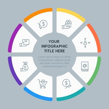 Circle chart business, money, shopping infographic template with 8 options for presentations, advertising, annual reports