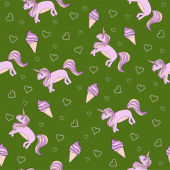 vector seamless pattern on a green background unicorn ponies pink
