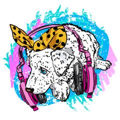 Puppy dog. Colorful animal print. Dreaming white puppy in headphones.