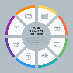 Circle chart business, money, shopping infographic template with 8 options for presentations, advertising, annual reports
