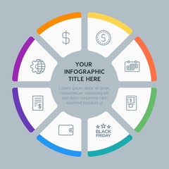 Circle chart business, money, shopping infographic template with 8 options for presentations, advertising, annual reports