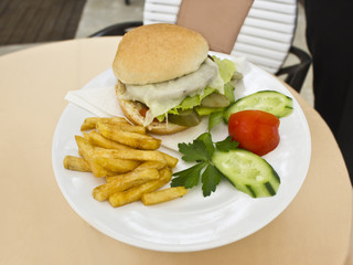 Man holds plate with cheeseburger with the French fries, sliced cucumbers and tomatoes