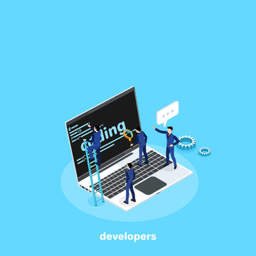 men in business suits develop code on the laptop, isometric image