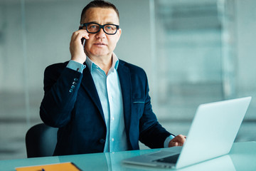Handsome mature businessman is talking on the mobile phone and smiling while working in office