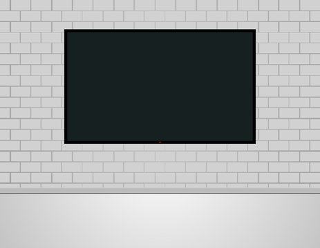 Illustration of Led Television set on Brick Wall with Floor a Front View.