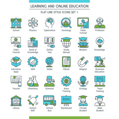 Learning and online education icons set. Modern icons on theme knowledge, scince, teaching, school and university. Flat line design icons collection. Vector illustration