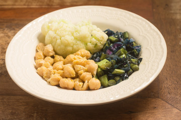 Vegan Meal: Chickpeas, Green Pods, and Cauliflower