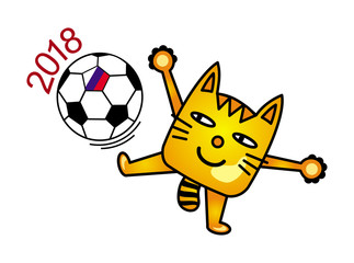 A cartoon cat juggles with a soccer ball. Cat soccer player. Humor, funny drawing. Vector graphics