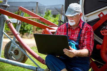 Men using laptop in his vineyard