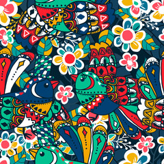Seamless texture. Multicolor pattern of birds, flowers and leaves.