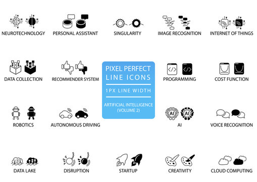 Pixel perfect thin line icons and symbols set for artificial intelligence / AI.