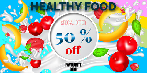 Logo design template for shops and cafes Healthy Eating .
Vector illustration of summer sale and special offer words on fruits pattern.

