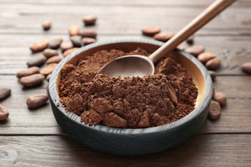 Plate with cocoa powder on table
