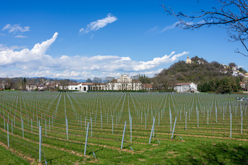 Fototapeta na wymiar Front view of the Villa Valmarana Morosini in Altavilla Vicentina among the vineyards, on the right the church on the hill