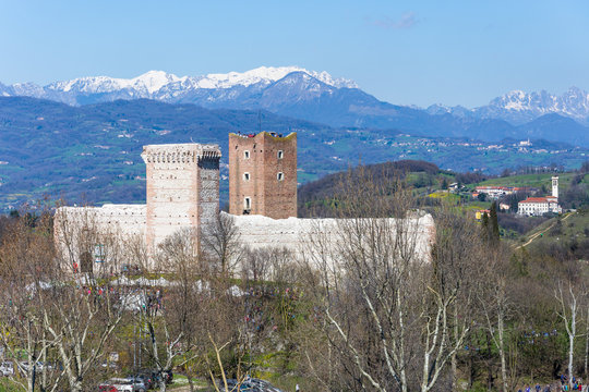 View of the "Castle of the Villa" also known as Romeo's Castle in Montecchio Maggiore with the background of the snow-capped Alps