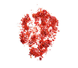 Chili pepper flakes on white background, top view