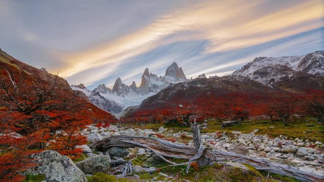 View of Mount Fitz Roy and the river in the National Park Los Glaciares National Park at sunrise. Autumn in Patagonia, the Argentine side