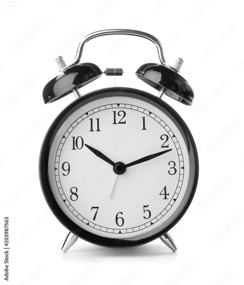 Poster alarm clock on white background. time change concept