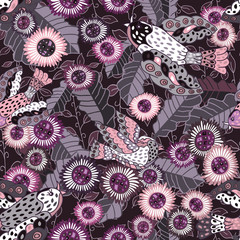 Embroidery birds, flowers and leaves seamless pattern. Imitation of children's drawing.  Fashionable design of clothing patterns.  Endless texture. 