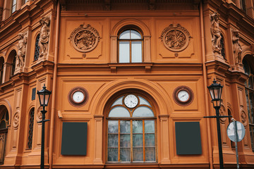 Obraz premium Historical building or sight in Riga, Latvia or Republic of Latvia. Neoclassicism in architecture or architectural style or design of old city and architecture monument