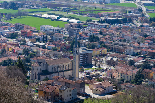 Church with the Bell Tower of Montecchio Maggiore seen from  the  Romeo's Tower