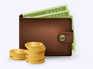 Brown wallet with green paper money. Wallet with money dollar bank note flat design isolated, icon vector Money Icon vector