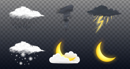 Obraz na płótnie Canvas Modern Realistic weather icons set. Meteorology symbols on transparent background. Color Vector illustration for mobile app, print or web. Thunderstorm and rain, clear and cloudy, storm and snow.