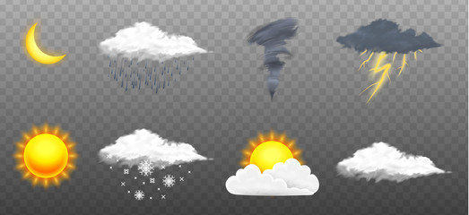 Modern Realistic weather icons set. Meteorology symbols on transparent background. Color Vector illustration for mobile app, print or web. Thunderstorm and rain, clear and cloudy, storm and snow. - obrazy, fototapety, plakaty