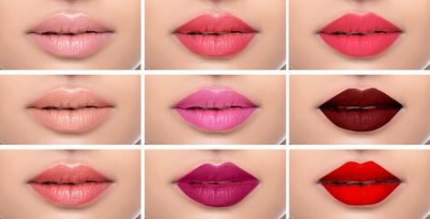 Set or collage female lips with different color of lipsticks on the female lips. shades of lipstick makeup variations - obrazy, fototapety, plakaty