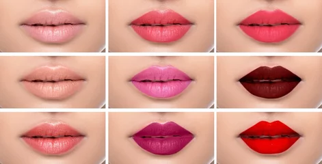 Fotobehang Set or collage female lips with different color of lipsticks on the female lips. shades of lipstick makeup variations © Peakstock