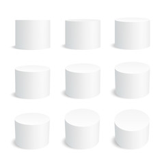 White realistic cylinder, empty stand round podium isolated. 3d geometric shapes vector set.