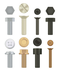 Construction hardware icons. Set of screws, bolts. 3d vector realistic