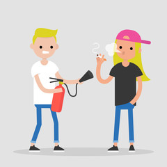 Fighting bad habits. One character extinguishing another's cigarette. Health care. Millennial lifestyle. Flat editable vector illustration, clip art