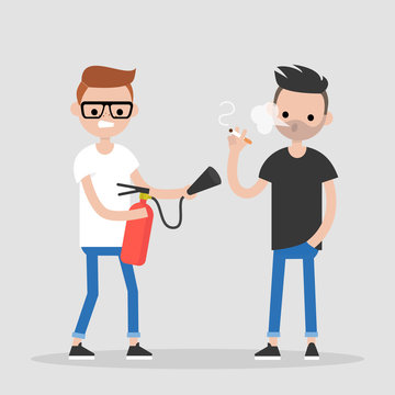 Fighting bad habits. One character extinguishing another's cigarette. Health care. Millennial lifestyle. Flat editable vector illustration, clip art