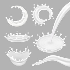 Yogurt, milk splashes. 3d vector set.