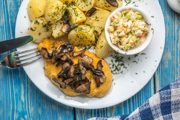 Fried chicken breast. Top view.
