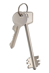 metal glossy apartment keys isolated on white background, flat key
