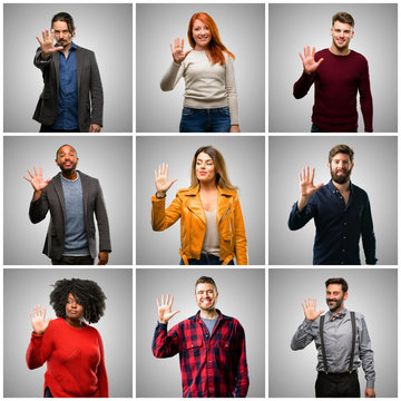 Group of mixed people, women and men raising finger, is the number five