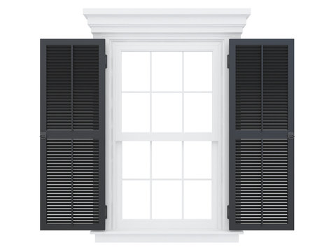 open white window with black doors fonrt view isolated on a white background 3d rendering