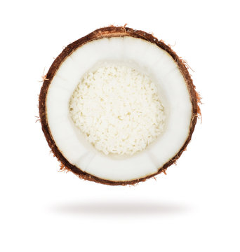 Coconut Cut With Shavings Close-up On A White Background