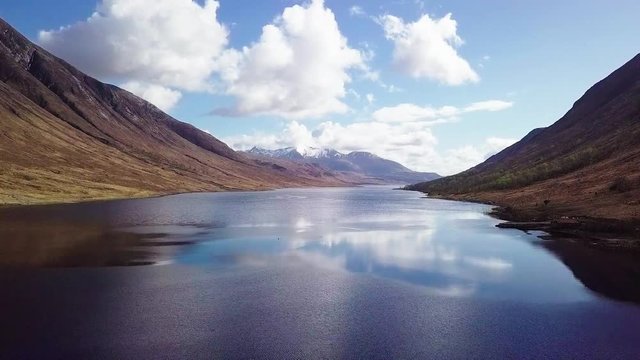 Aerial shot ascending over loch Etive, panorama